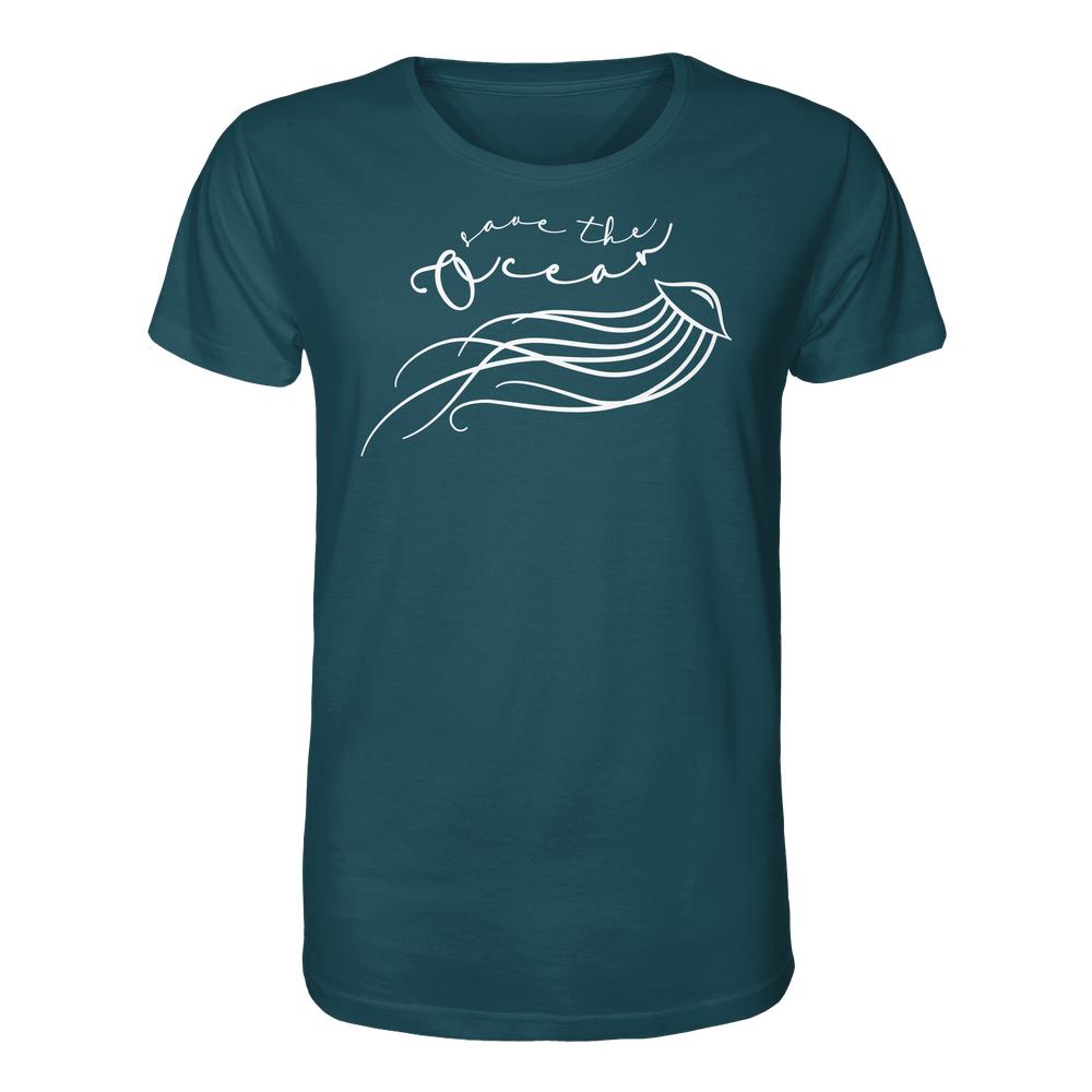 Vegan und Bio Unisex Shirt: Jellyfish - Save the Ocean mit minimalistischem Qualle-Design und Botschaft zum Meeresschutz, aus 100% Bio-Baumwolle, normale Passform.