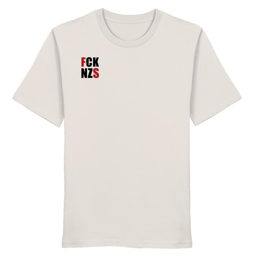Vegan und Bio Unisex Shirt: FCK NZS mit roten Highlights, aus 100 % Biobaumwolle, zeigt ein politisches Statement auf der Brust, ideal für nachhaltige, rebellische Mode.