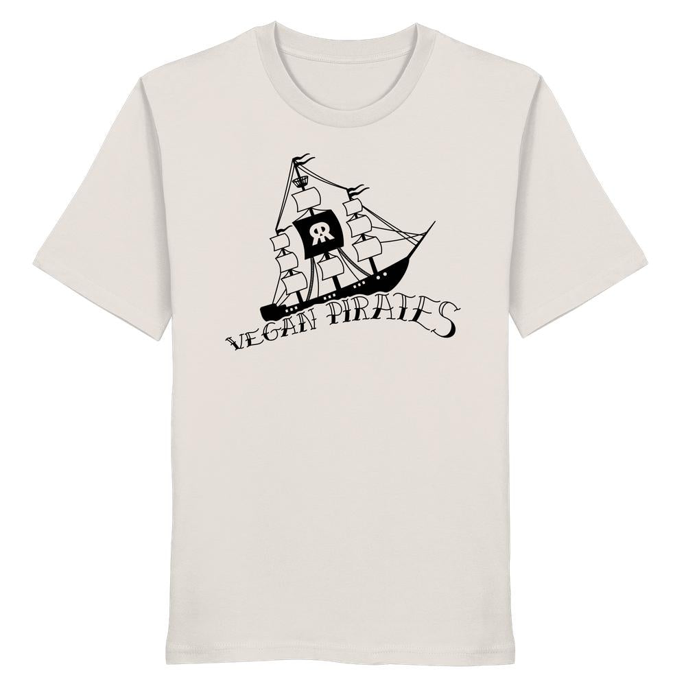 Vegan und Bio Unisex Shirt: Vegan Pirates mit schwarzem Grafikdruck eines stilisierten Piratenschiffs und Schriftzug auf Bio-Baumwolle, normale Passform, von RUDE REBEL.