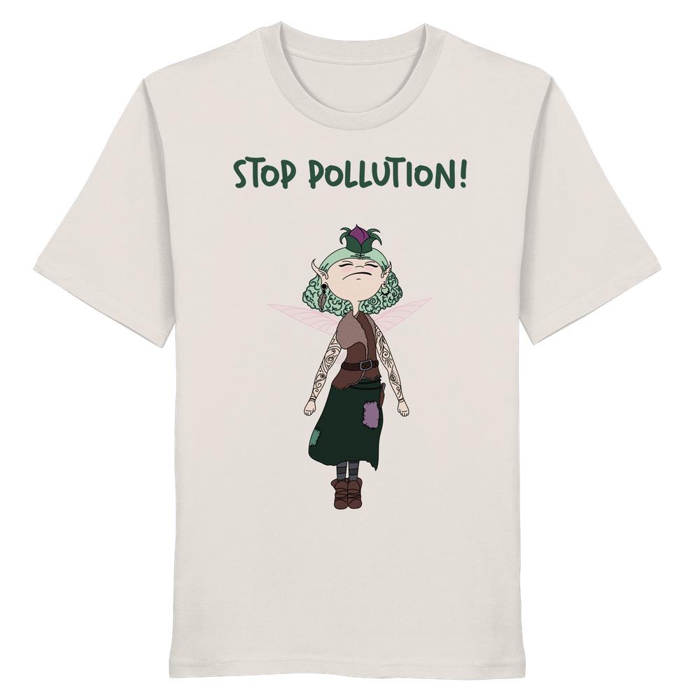 Vegan und Bio Unisex Shirt: STOP POLLUTION! - Krawall Fee mit grüner Haarfee, pinken Flügeln, Tattoo-Vinendetails in rebellischer Pose, fördert Umweltbewusstsein.
