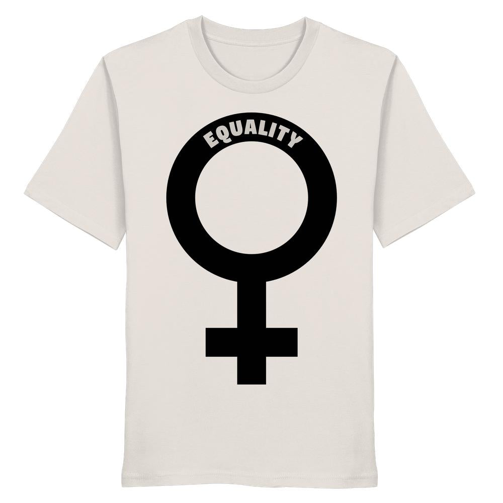 Vegan und Bio Unisex Shirt: Das Venussymbol mit EQUALITY in Weiß, symbolisiert feministische Gleichberechtigung, aus 100% Biobaumwolle, designed von RUDE REBEL.