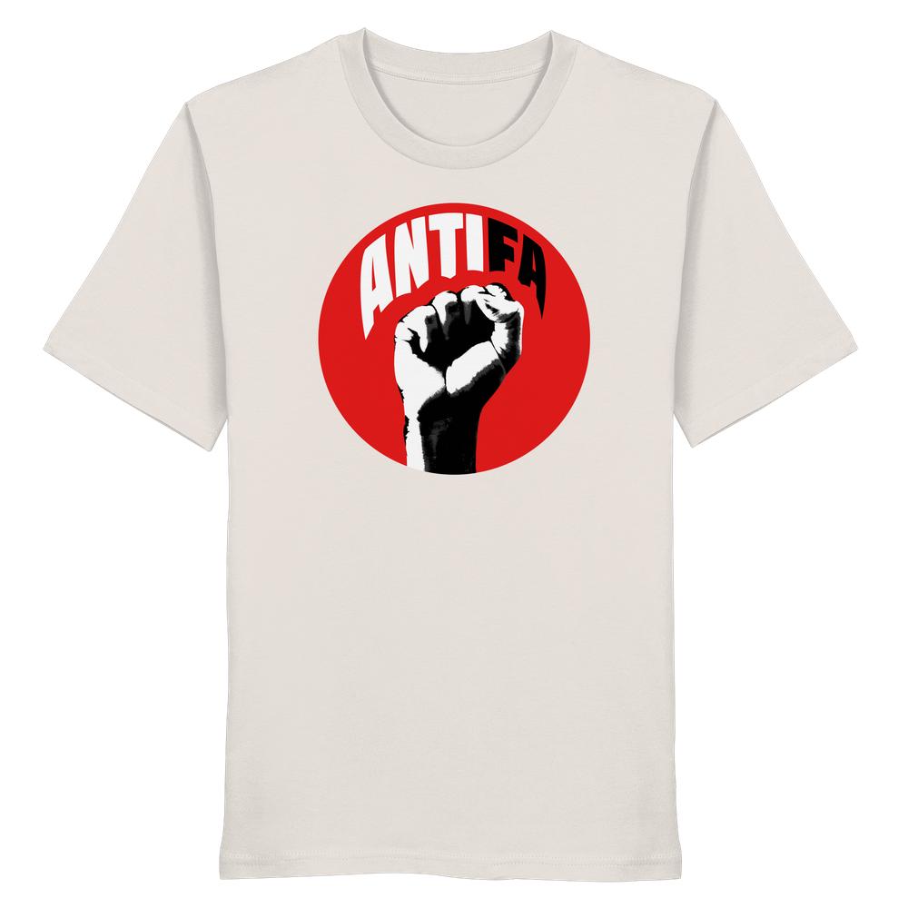 Vegan und Bio Unisex Shirt: Antifa - Kampf gegen Rechts mit großem grafischen Design einer erhobenen Faust im roten Kreis, symbolisiert Widerstand gegen Faschismus.