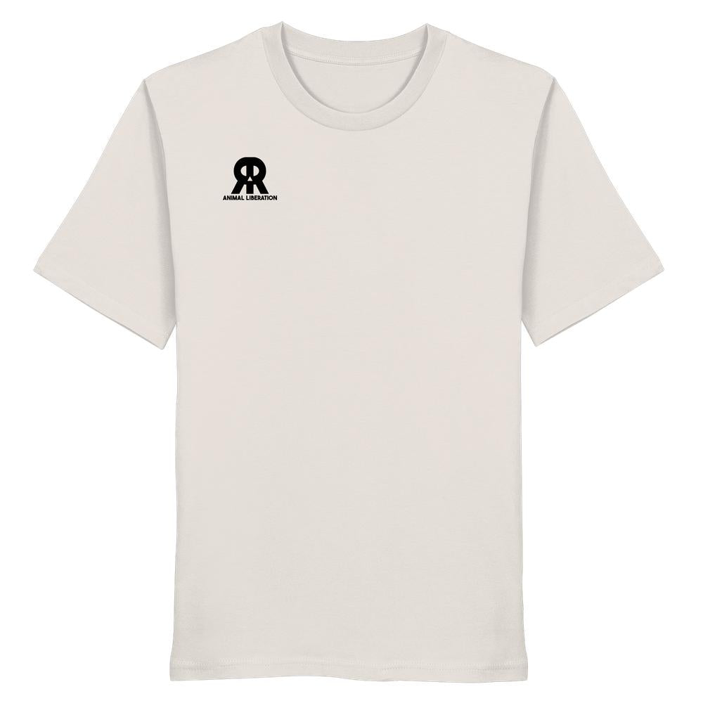 Vegan und Bio Unisex Shirt: RUDE REBEL Skull - Animal Liberation, kurzärmelig, off-white, mit Totenkopf-Grafik und ANIMAL LIBERATION-Text auf der Brust, aus 100% Bio-Baumwolle.