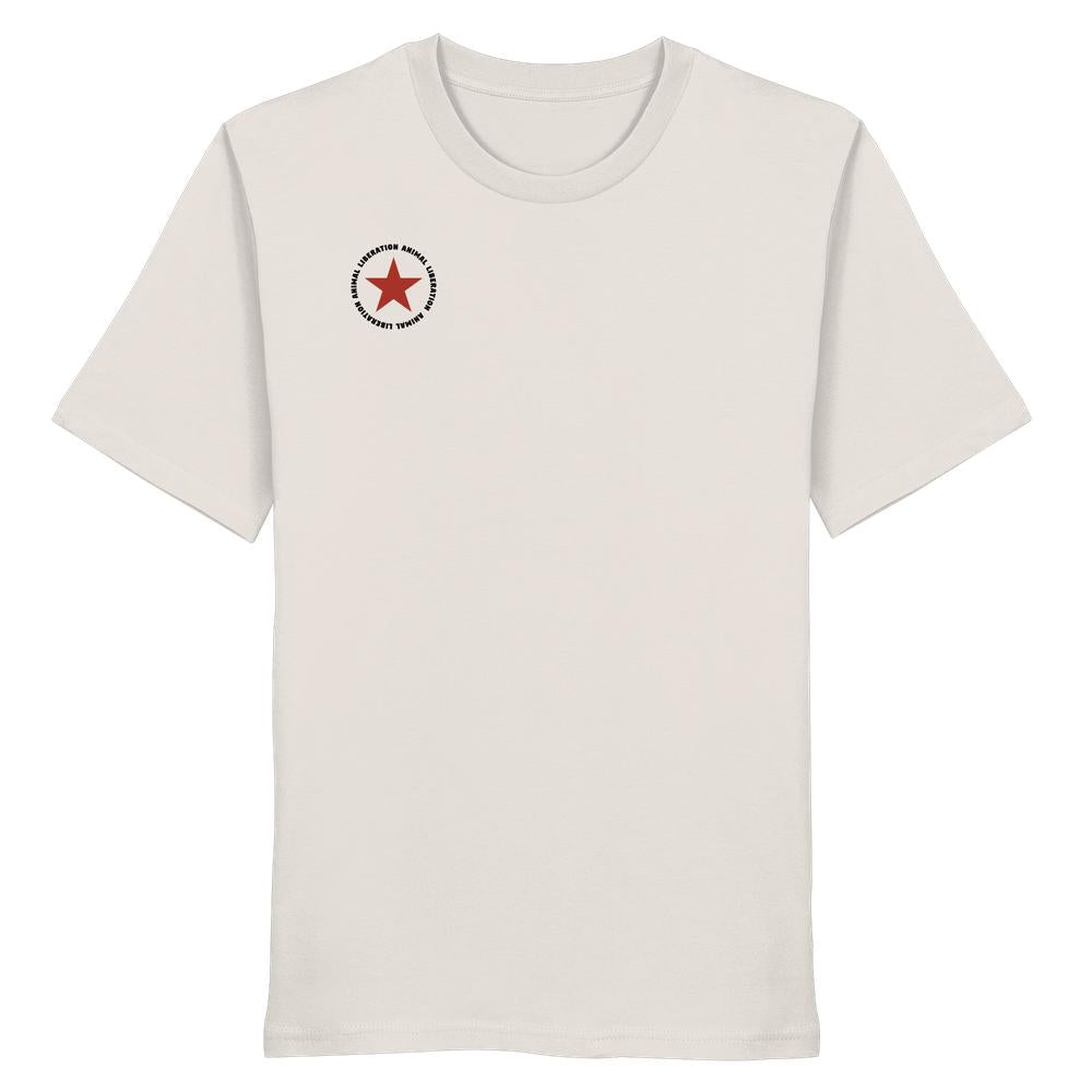 Vegan und Bio Unisex Shirt: Red Star - Animal Liberation mit rotem Stern-Design und Botschaft auf der Brust, aus 100 % Bio-Baumwolle, normale Passform.