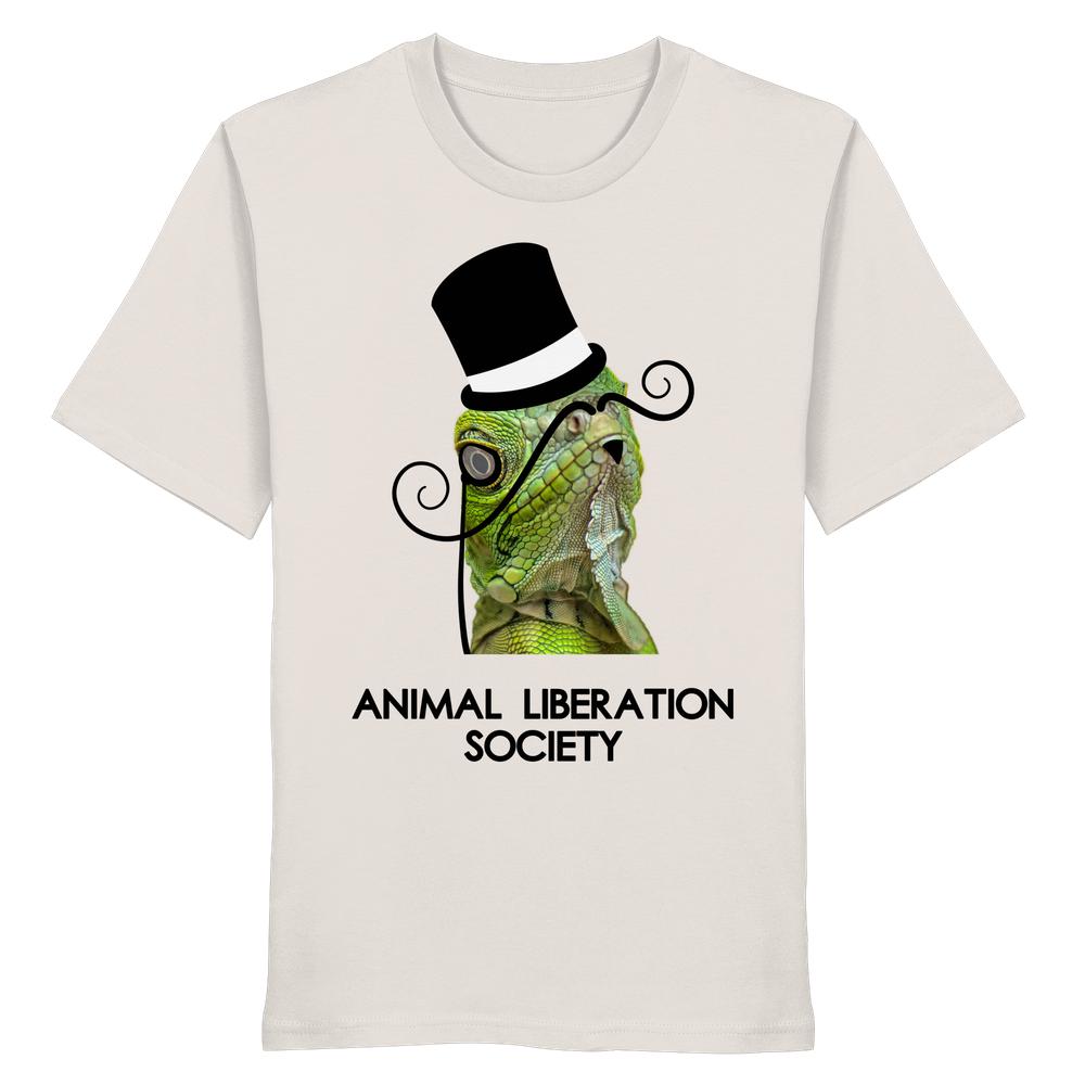 Vegan und Bio Unisex Shirt: Sir Reptile - Animal Liberation Society zeigt ein stilisiertes, grafisches Design eines grünen Leguans mit Zylinder und Schnurrbart, aus 100% Bio-Baumwolle.