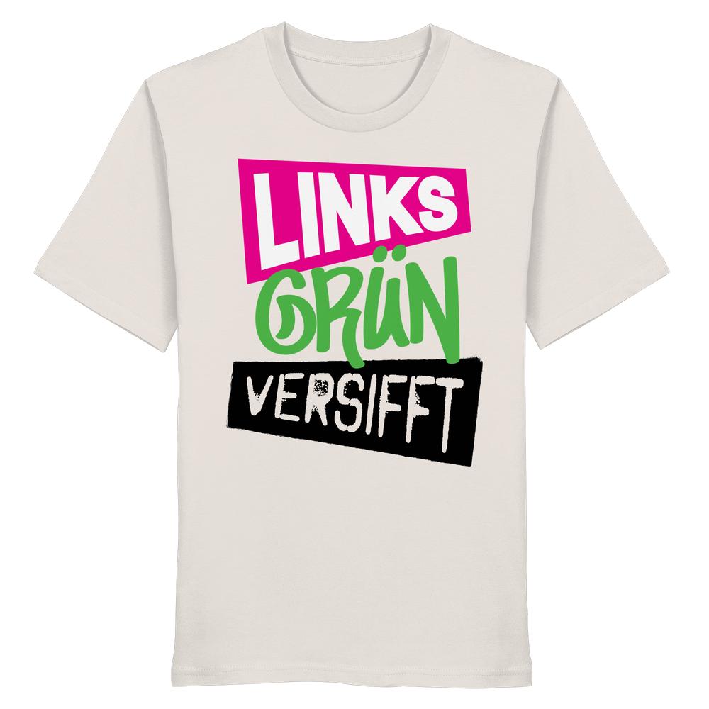 Vegan und Bio Unisex Shirt mit dem Slogan “LINKS GRÜN VERSIFFT” in Blockbuchstaben. Hergestellt aus 100 % Bio-Baumwolle, verkörpert es rebellische, nachhaltige Werte von RUDE REBEL.