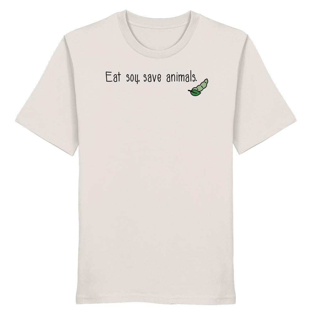 Unisex Bio T-Shirt mit Slogan „Eat soy, save animals.“ und grüner Sojabohne, aus 100% Bio-Baumwolle, von RUDE REBEL, thematisiert Veganismus und Tierschutz.