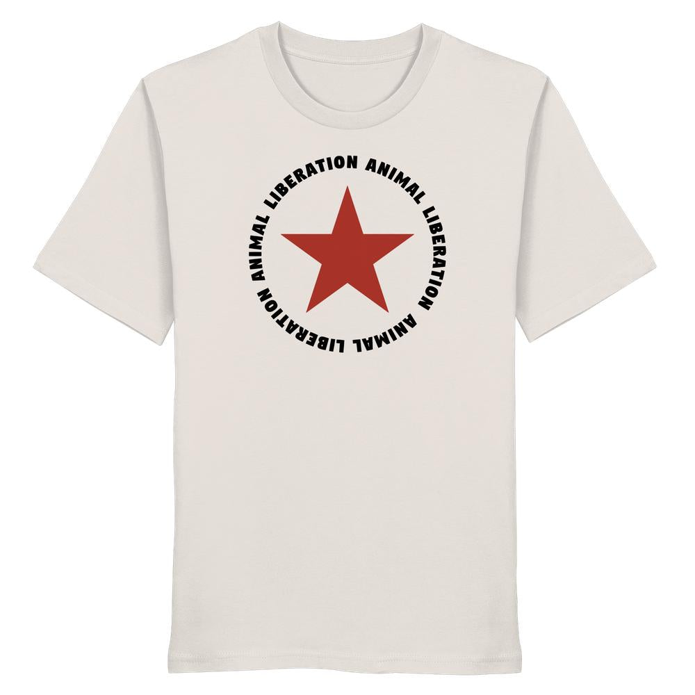 Unisex-Shirt aus Bio-Baumwolle mit rotem Stern und ANIMAL LIBERATION-Schriftzug, verkörpert vegane und nachhaltige Werte.