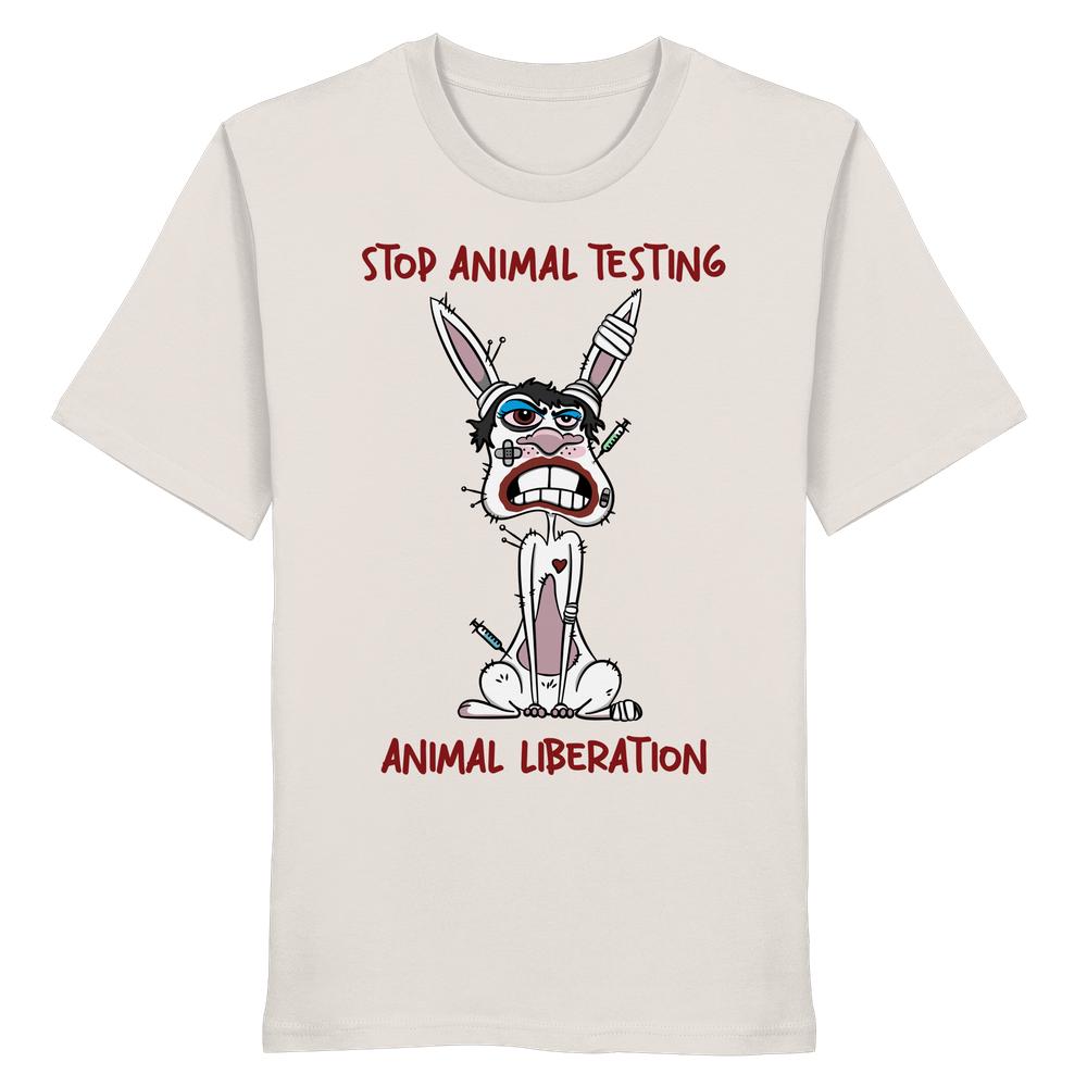 Vegan und Bio Unisex Shirt: Cartoon-Hase mit Verband, Spritzen; Slogan „STOP ANIMAL TESTING“, „ANIMAL LIBERATION“. 100% Bio-Baumwolle, normale Passform, von RUDE REBEL.