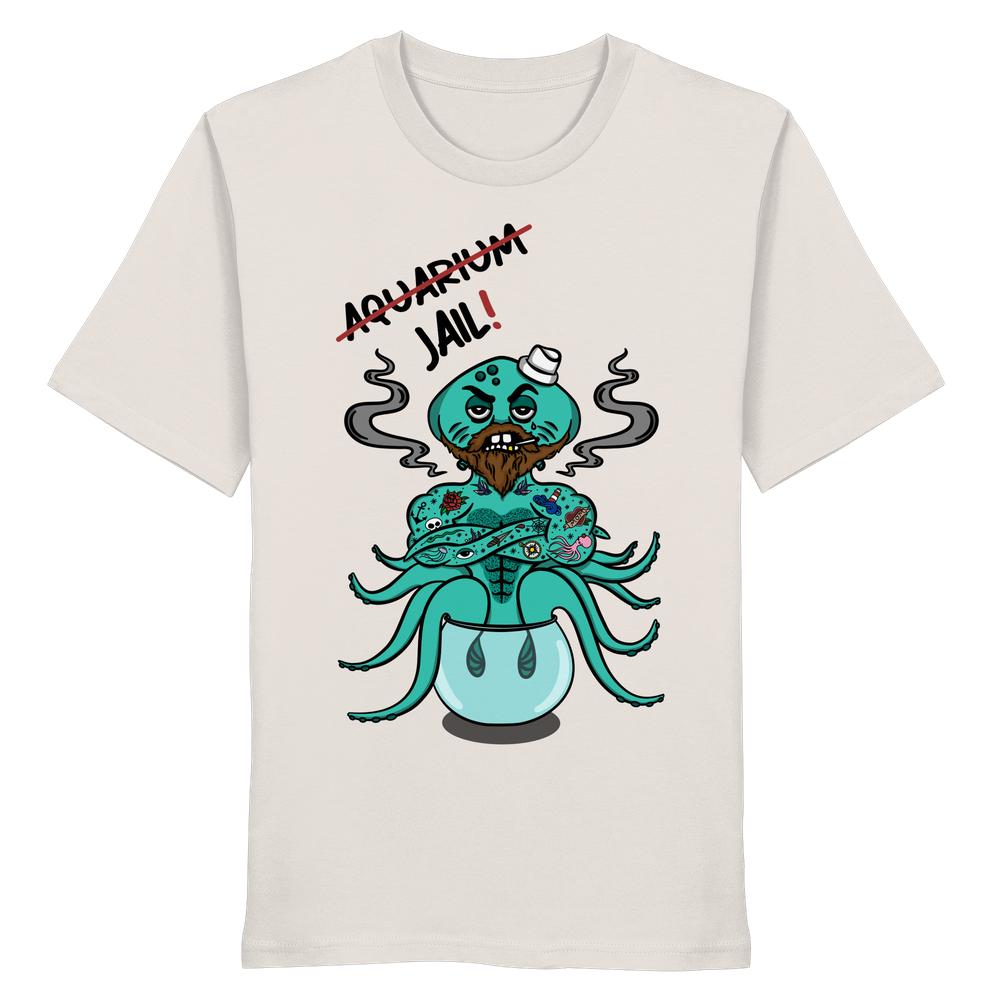 Vegan und Bio Unisex Shirt: Animal Rights - Aquarium=Jail! zeigt einen tätowierten Oktopus im Fischglas mit Seemannsmütze, der rauchend protestiert. Gefertigt aus 100% Bio-Baumwolle.
