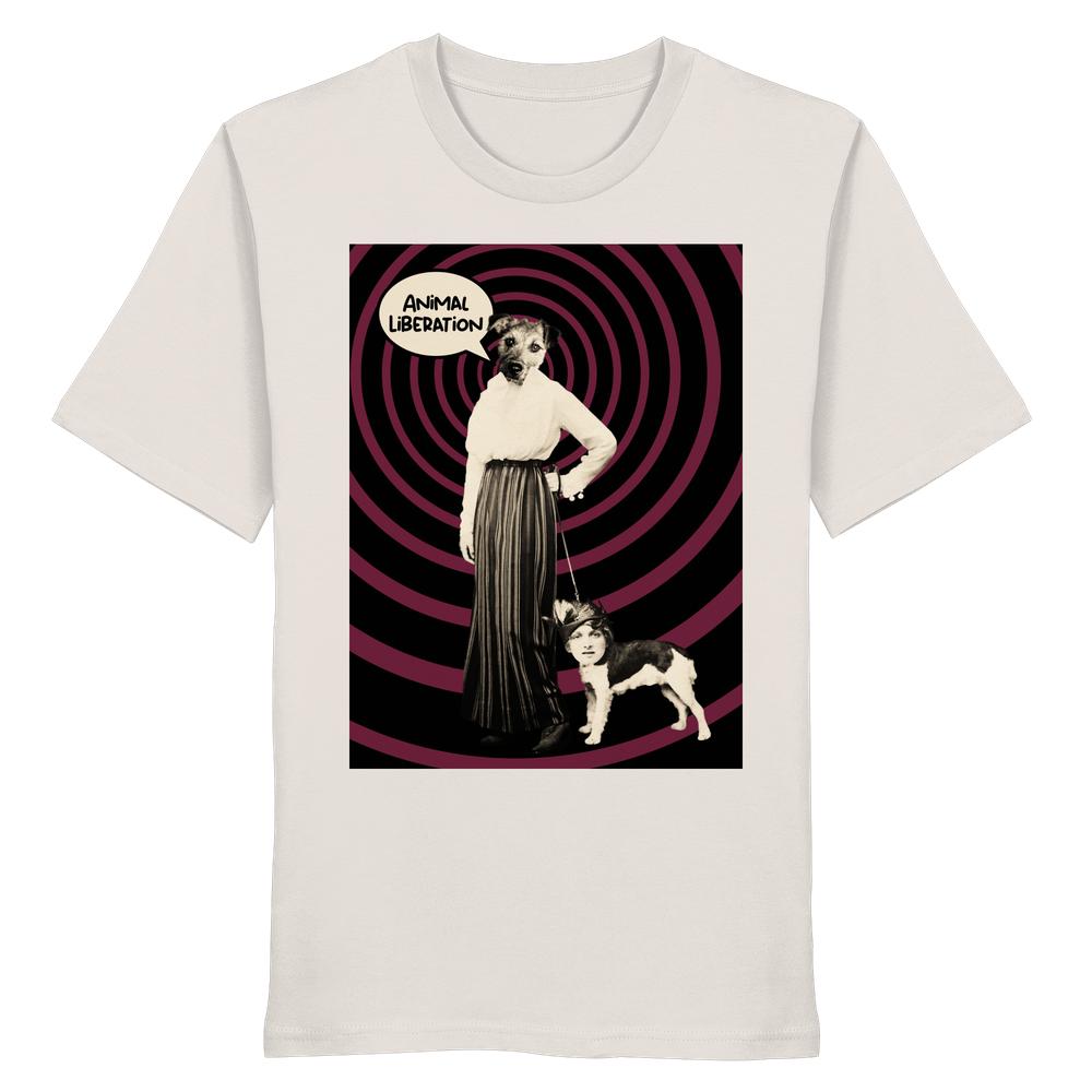 Vegan und Bio Unisex Shirt: Upside Down - Animal Liberation zeigt surrealen, collageartigen Print mit Hund-Frau-Motiv und Spruch, illustriert spielerische Tierrechtsbotschaft auf weißem Bio-Baumwollstoff.