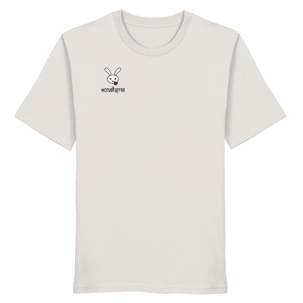 Unisex Bio-Baumwollshirt mit cartoonartigem Hasenkopf und crueltyfree Aufdruck auf der Brust, verkörpert vegane und nachhaltige Werte von RUDE REBEL.