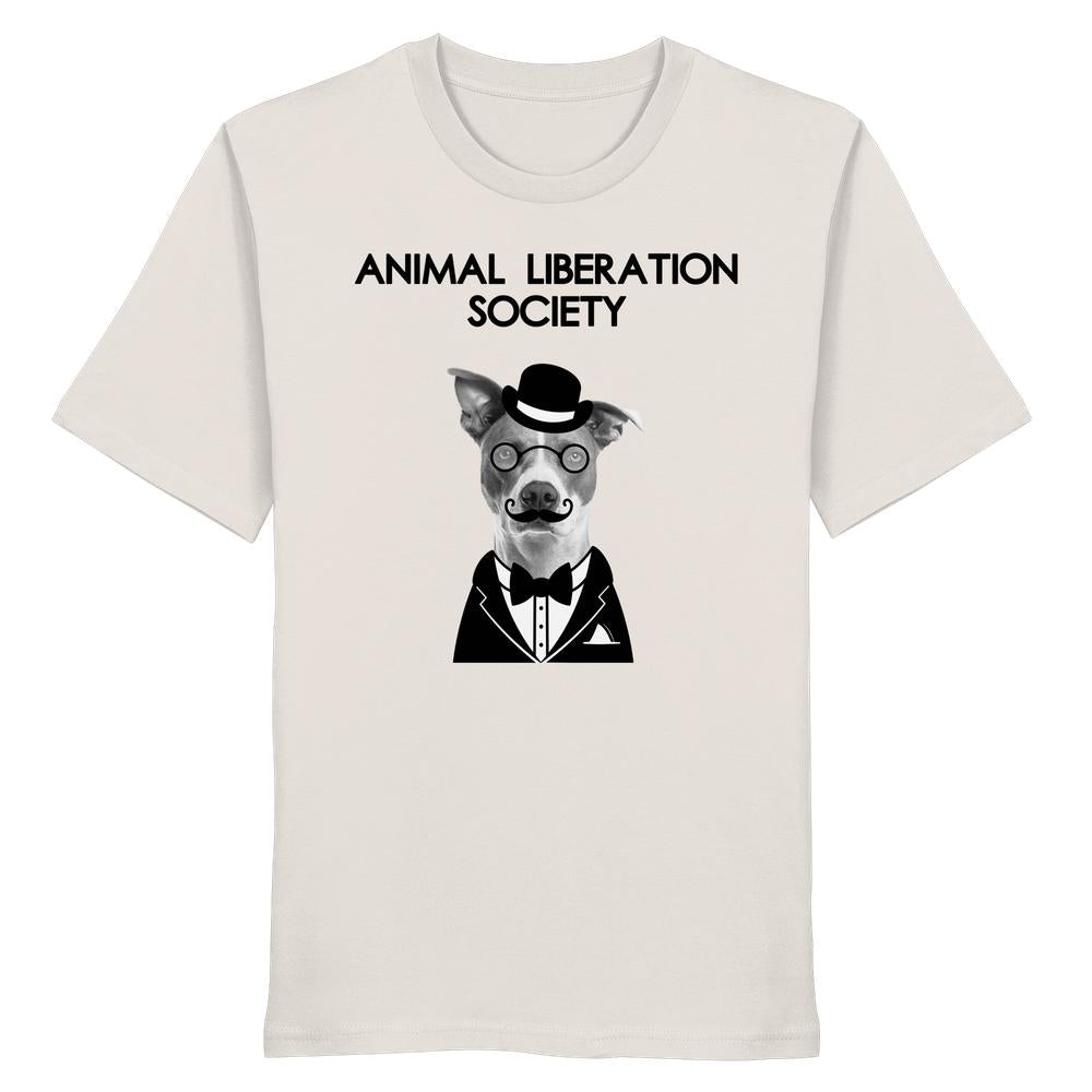 Vegan und Bio Unisex Shirt: Mr. Dog - Animal Liberation Society, zeigt stilisierte Hundeillustration mit Hut, Brille, Schnurrbart und Tuxedo. 100% Bio-Baumwolle, normale Passform.