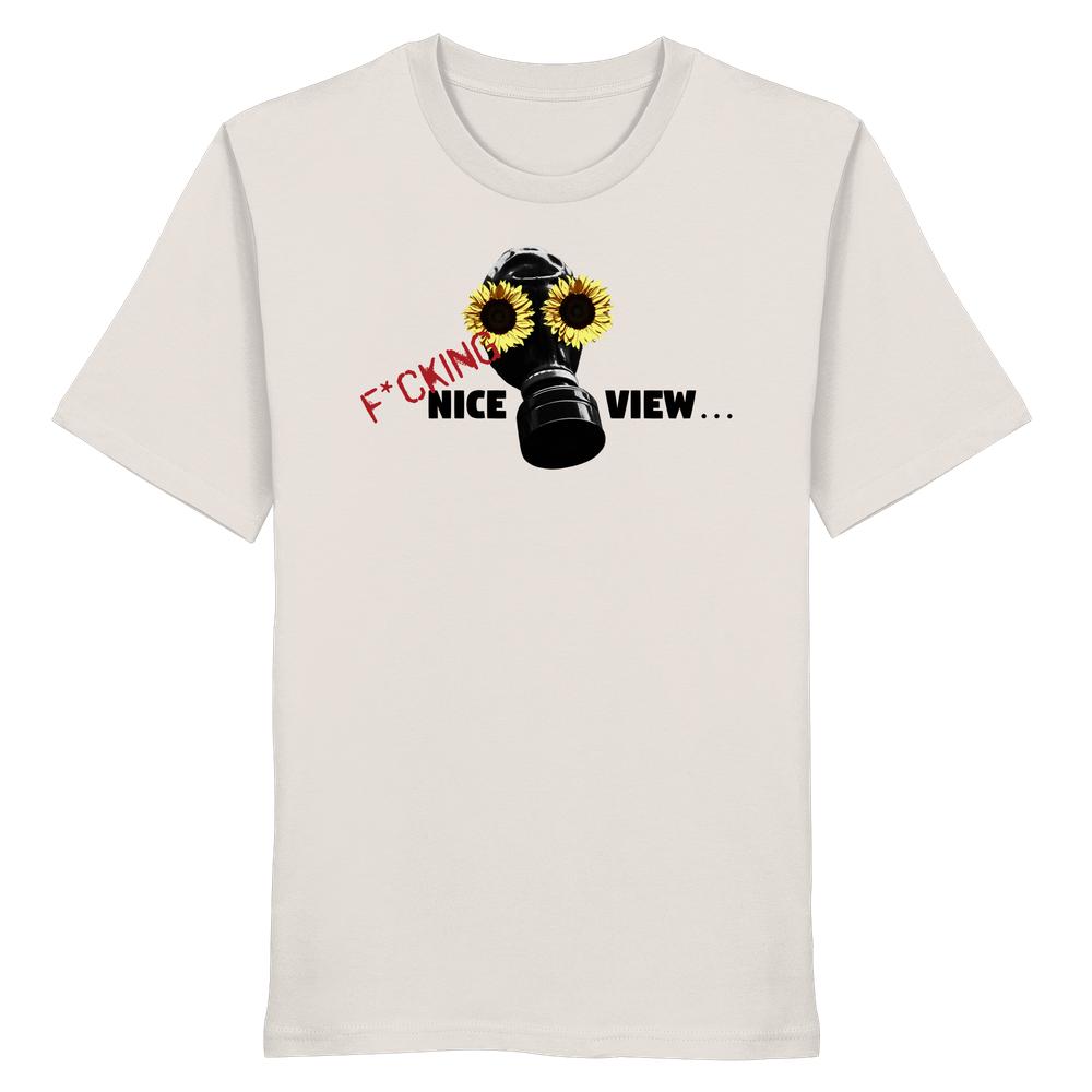 Vegan und Bio Unisex Shirt: Sunflower Mask - F*cking nice view... zeigt ein Gasmaske-Design mit Sonnenblumen-Augen, rebellisch und nachhaltig aus 100% Biobaumwolle.