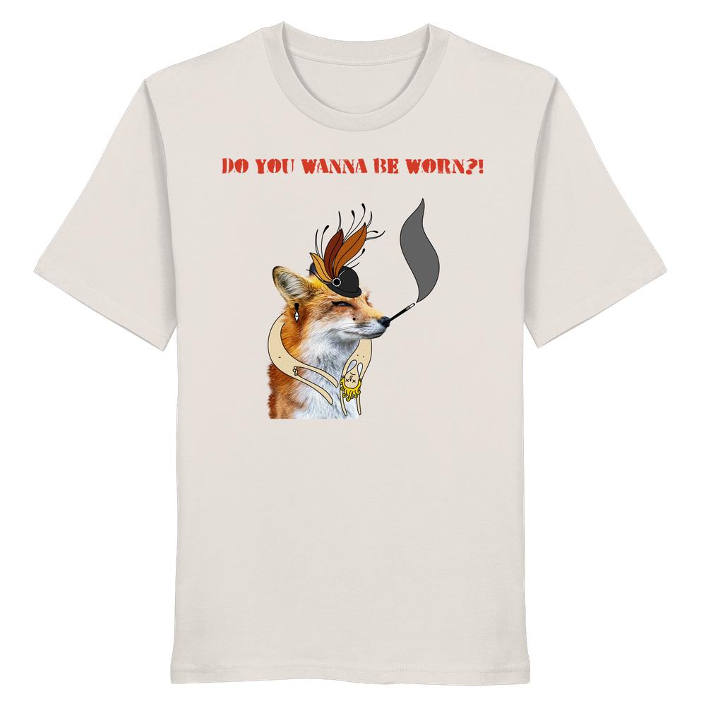 Vegan und Bio Unisex Shirt: Mrs. Fox demonstriert gegen Pelz! zeigt einen illustrierten Fuchs mit Hut, Ohrring und Pfeife, um Tierrechte humorvoll zu betonen.