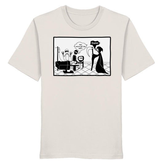 Vegan und Bio Unisex Shirt: Comicstripe - The Reaper zeigt einen humorvollen Cartoon, bei dem der Tod durch moderne Medizin ausgetrickst wird. Nachhaltig aus 100% Bio-Baumwolle.