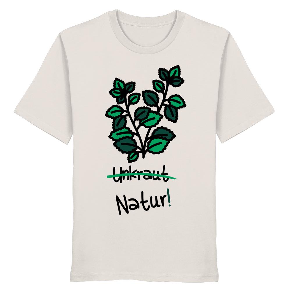 Bio Unisex Shirt mit grünem Blätter-Design, „Unkraut“ durchgestrichen, „Natur!“ darunter. Aus 100% Bio-Baumwolle. Rebellisches Design von RUDE REBEL für Naturschutz.