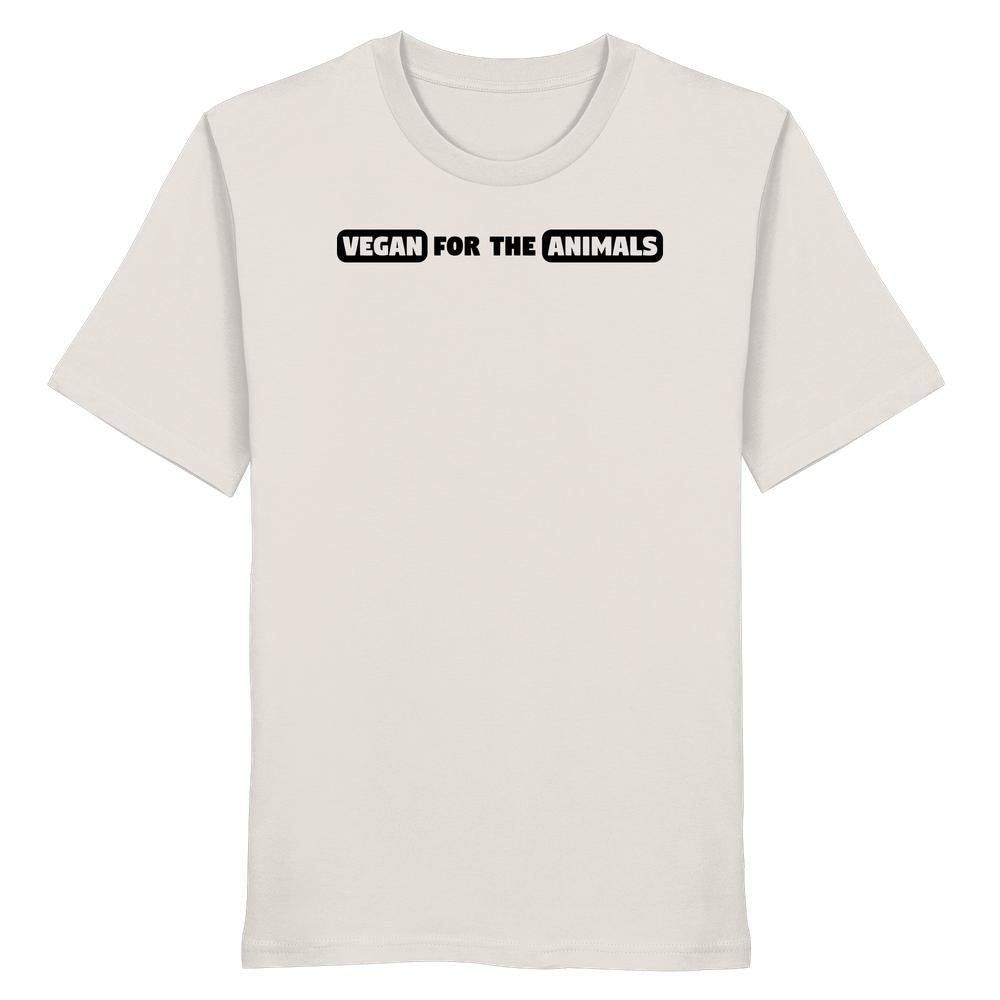 Unisex Bio-Baumwollshirt mit dem Slogan VEGAN FOR THE ANIMALS in schwarzer Schrift, hervorgehoben durch schwarze Rechtecke.