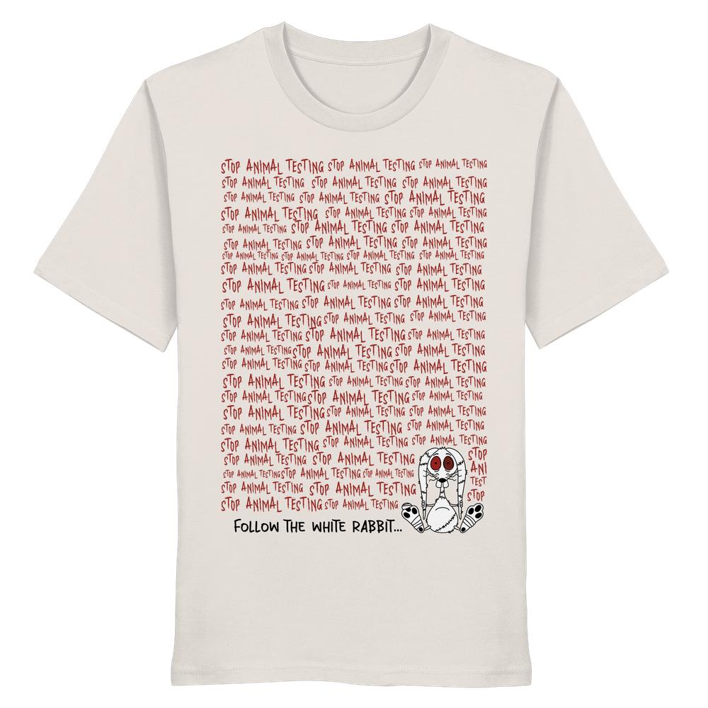 Vegan und Bio Unisex Shirt mit STOP ANIMAL TESTING Slogan und Cartoon-Häschen, symbolisiert Tierschutz durch nachhaltige, ringgesponnene Baumwolle.