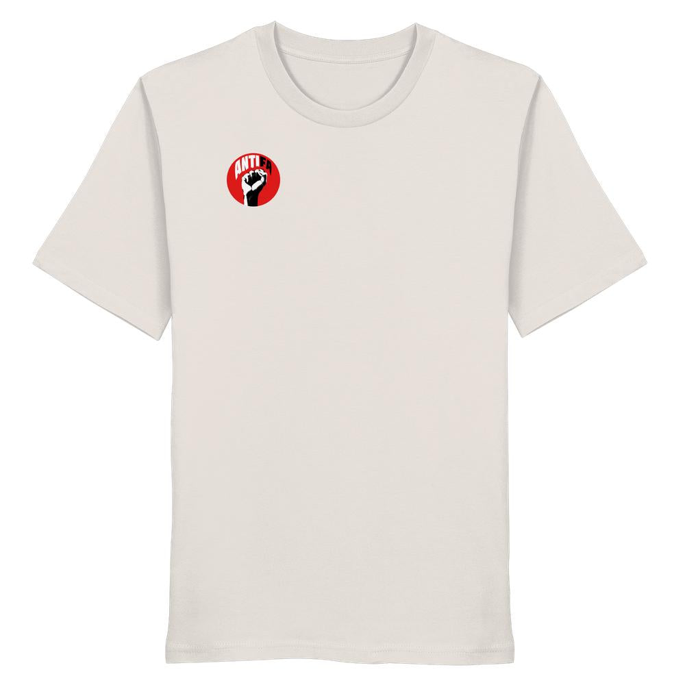 Unisex Bio T-Shirt mit kleinem Antifa-Design auf der Brust, symbolisiert Widerstand gegen Rechts. Hergestellt aus veganer, umweltfreundlicher Bio-Baumwolle.