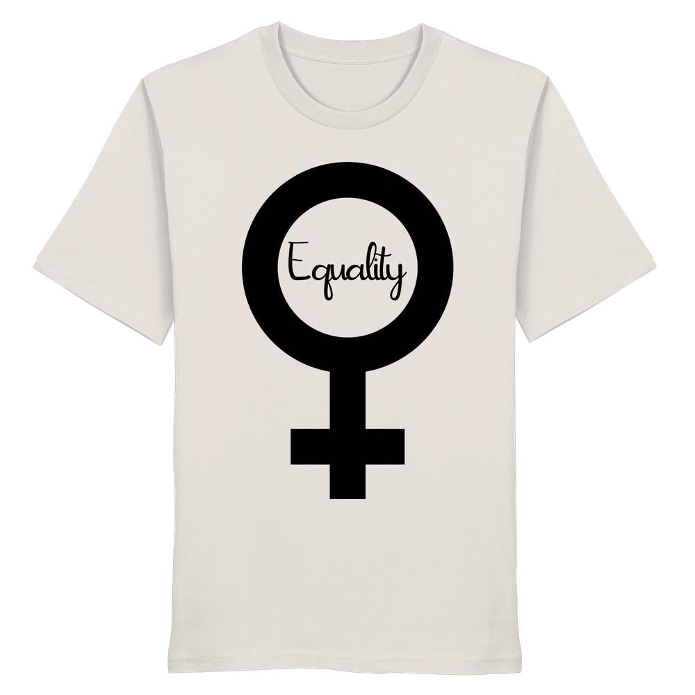 Unisex-Bio-Baumwollshirt mit Venus-Symbol und Equality-Schriftzug, repräsentiert Feminismus und Gleichberechtigung. Nachhaltiges Design von RUDE REBEL.