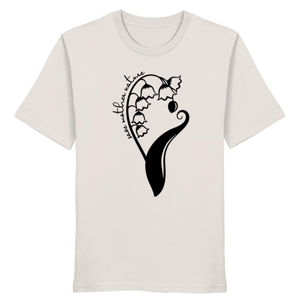 Vegan und Bio Unisex Shirt: Save Mother Nature with Flower Power, zeigt eine stilisierte Maiglöckchen-Grafik und Aufschrift Rettet Mutternatur auf Bio-Baumwolle.