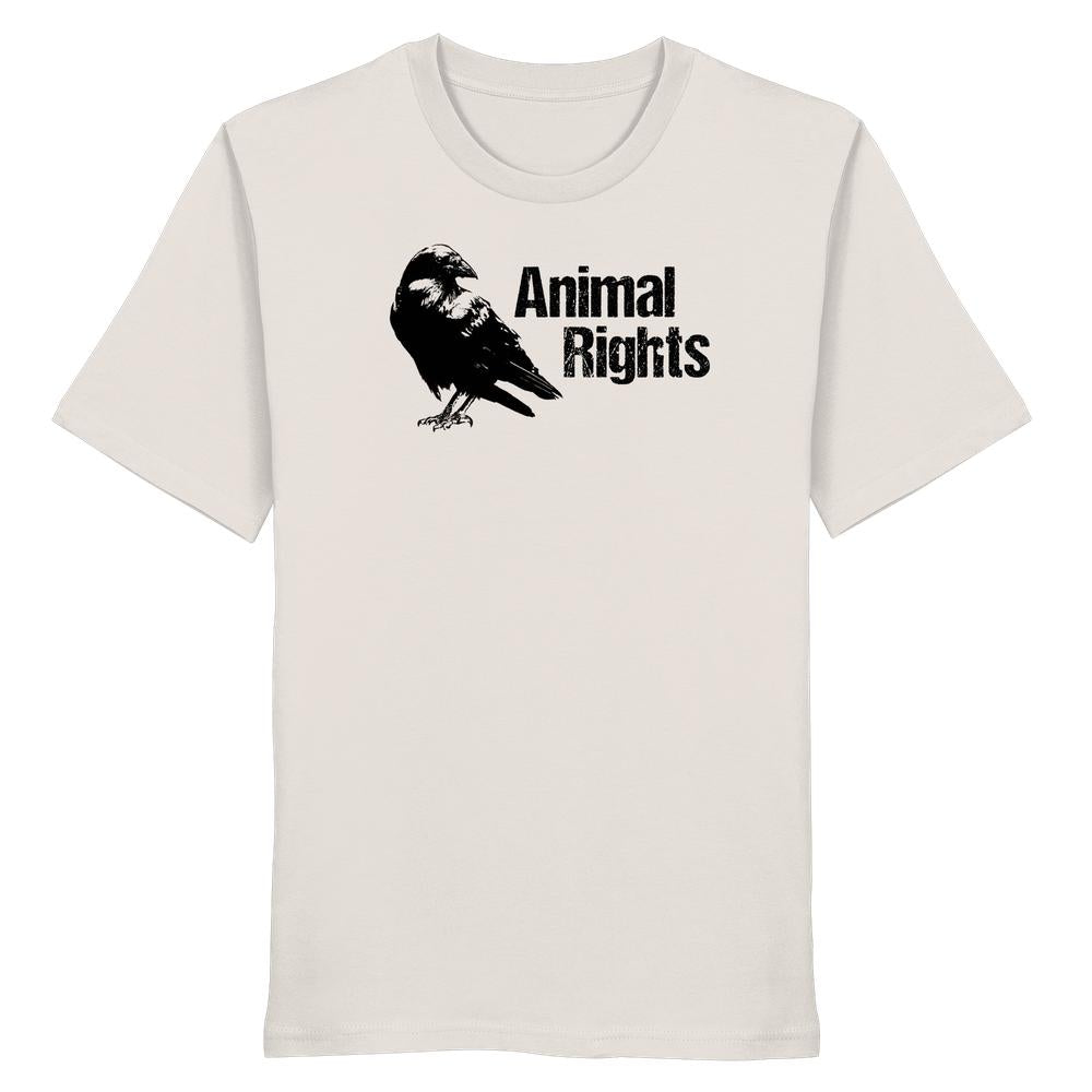 Unisex-Shirt aus Bio-Baumwolle mit schwarzem Rabenmotiv und Animal Rights-Schriftzug, passend zur veganen und nachhaltigen Philosophie von RUDE REBEL.