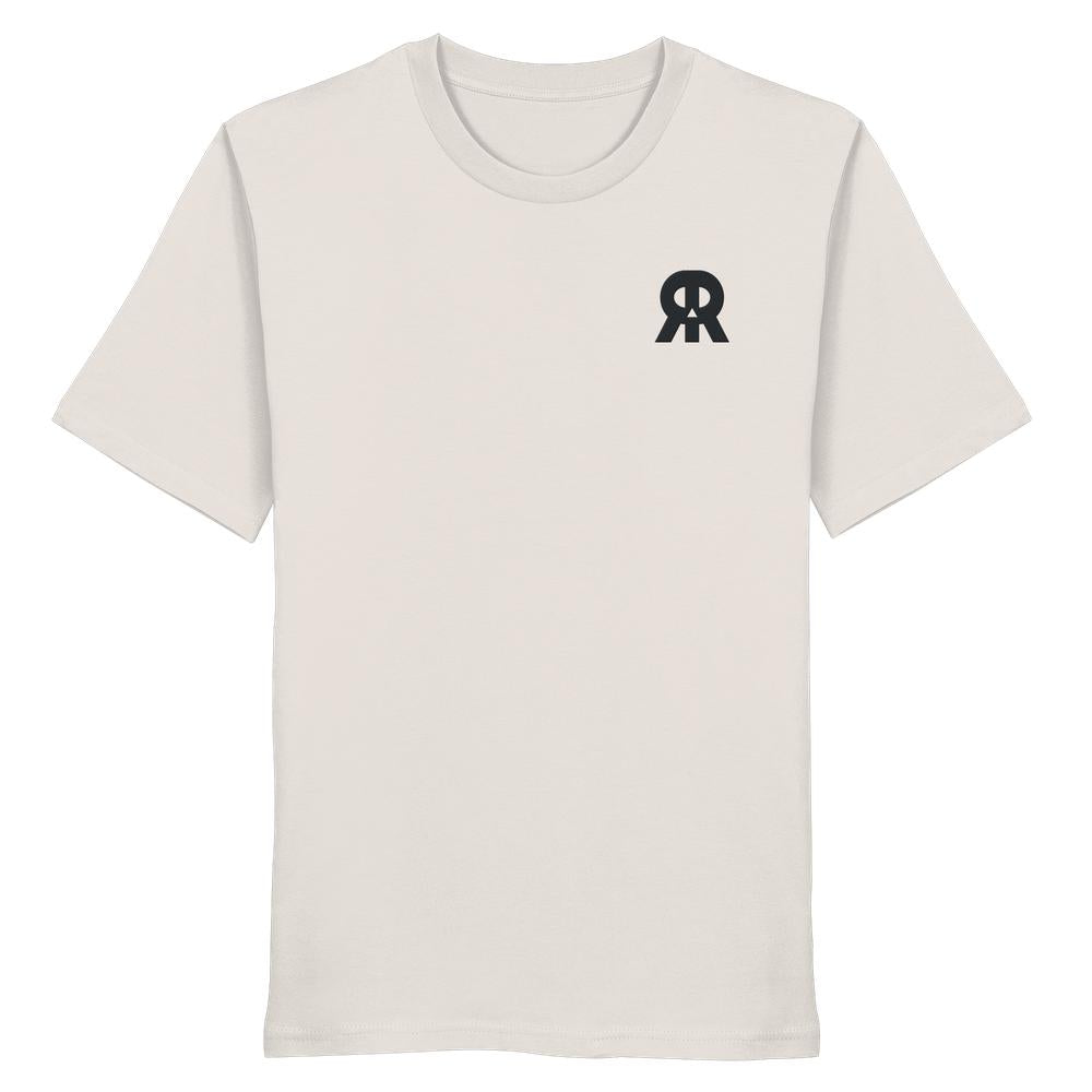 Vegan und Bio Unisex Shirt bestickt: RUDE REBEL Skull, hellbeiges T-Shirt mit kleinem schwarzen Logo aus 100 % Bio-Baumwolle, normale Passform, Doppelnähte.