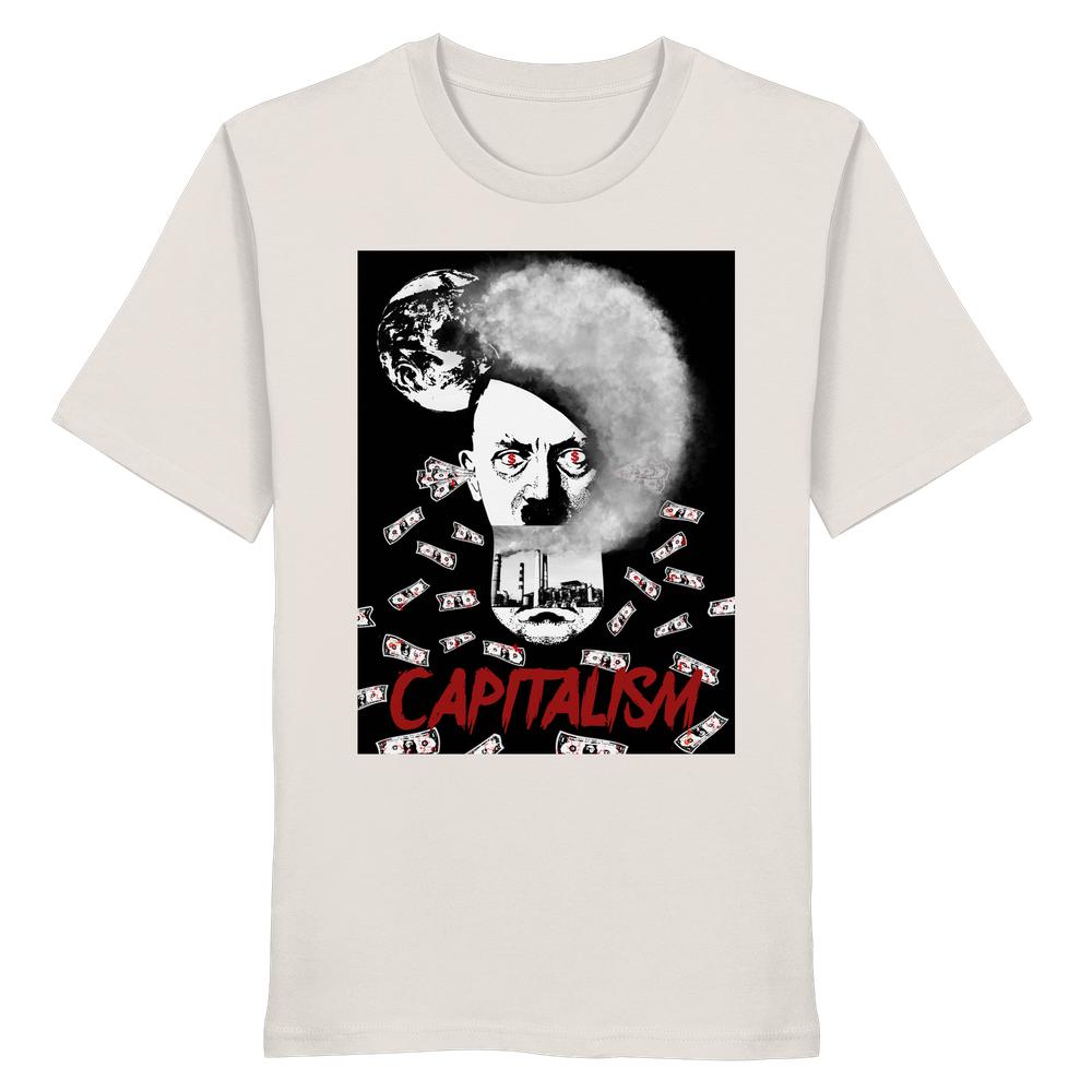 Vegan und Bio Unisex Shirt: Capitalism vs. Earth - The Money Game zeigt ein düsteres Porträt, das Kapitalismus als bedrohliche Kraft mit Verschmutzungs- und Herrschaftssymbolen darstellt.