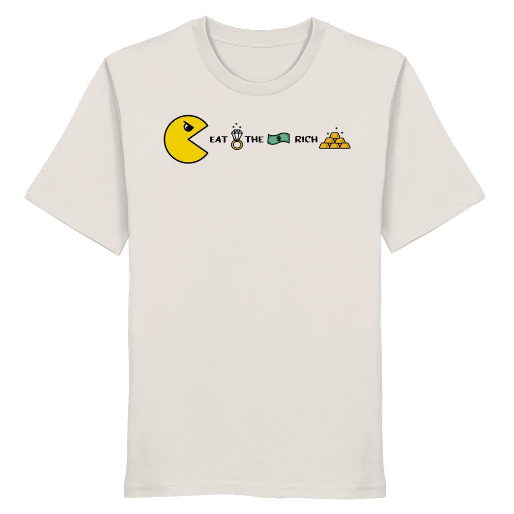 Vegan und Bio Unisex Shirt: PAC-MAN - Eat the rich. Grafik mit Pac-Man, Diamantring, Geldschein und Goldbarren. 100 % Bio-Baumwolle, normale Passform.