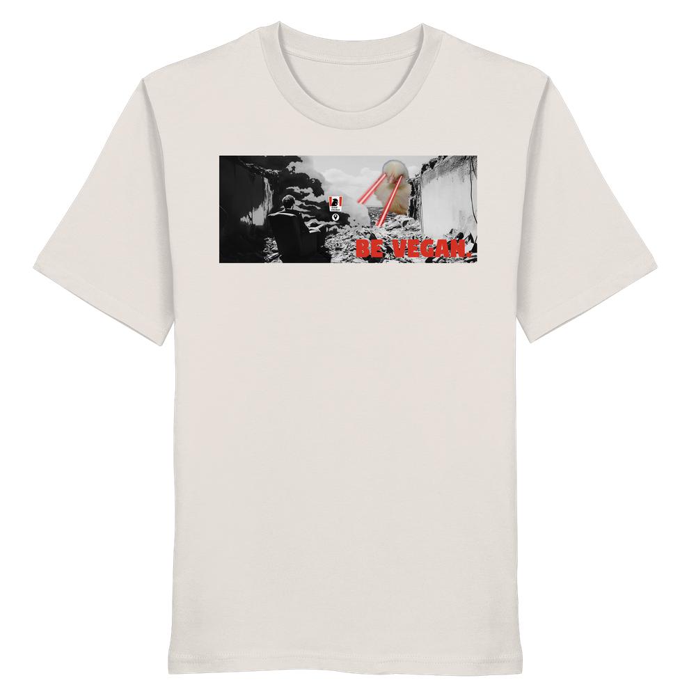 Vegan und Bio Shirt: BE VEGAN. - Angry bird, off-white T-Shirt mit rotem Schriftzug, stilisiertem apokalyptischem Motiv und Tierrechts-Botschaft, 100% Bio-Baumwolle, normale Passform.