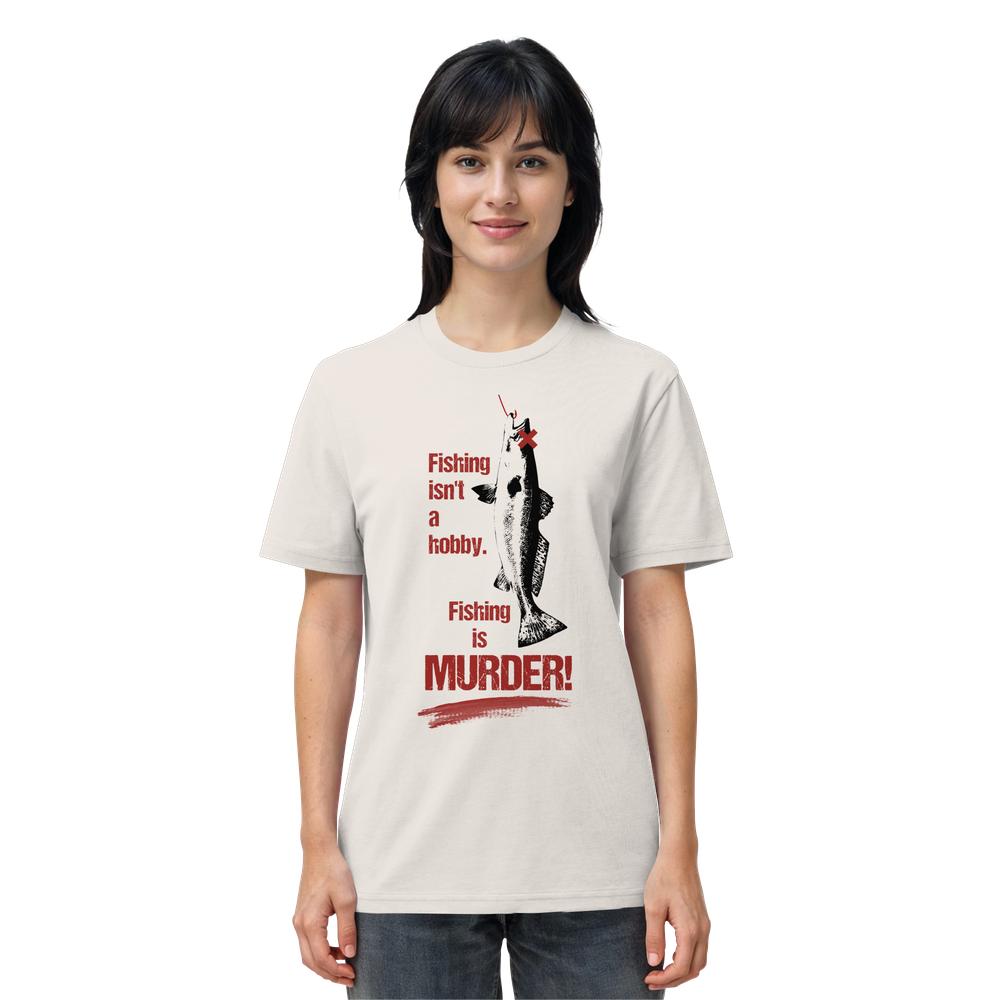 Person trägt ein Vegan und Bio Unisex Shirt: Fishing is MURDER! mit stilisiertem Fischmotiv und rotem Anti-Fishing-Slogan. Hergestellt aus 100% Bio-Baumwolle.
