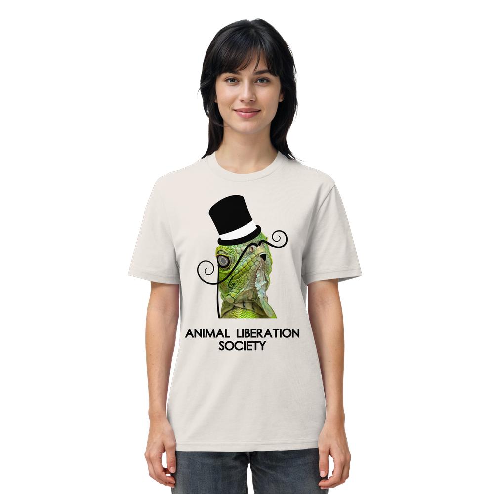 Vegan und Bio Unisex Shirt: Sir Reptile - Animal Liberation Society mit grünem Eidechsenmotiv, Zylinder und Schnurrbart; aus 100% Biobaumwolle, normale Passform.