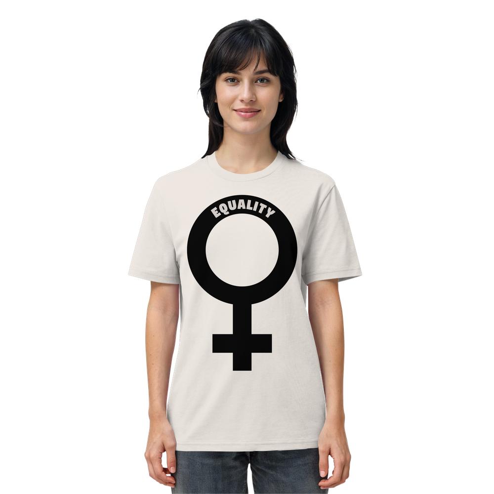 Person trägt ein helles T-Shirt mit großem schwarzen Venussymbol und „EQUALITY“ im oberen Bogen, Vegan und Bio Unisex Shirt: Das Venussymbol - Feministisches Shirt.