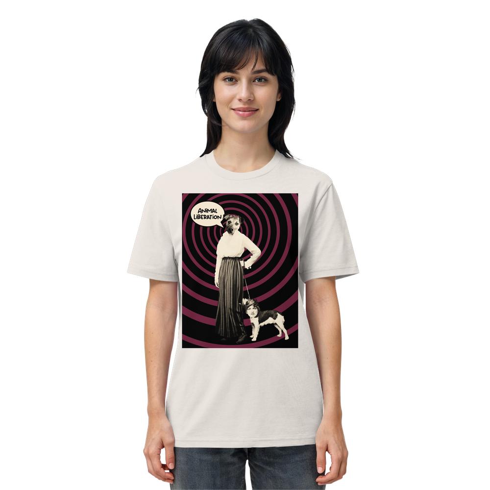 Frau trägt das Vegan und Bio Unisex Shirt: Upside Down - Animal Liberation mit retro-Design, zeigt Frau mit Hundekopf und Hund, spricht Animal Liberation in Sprechblase.