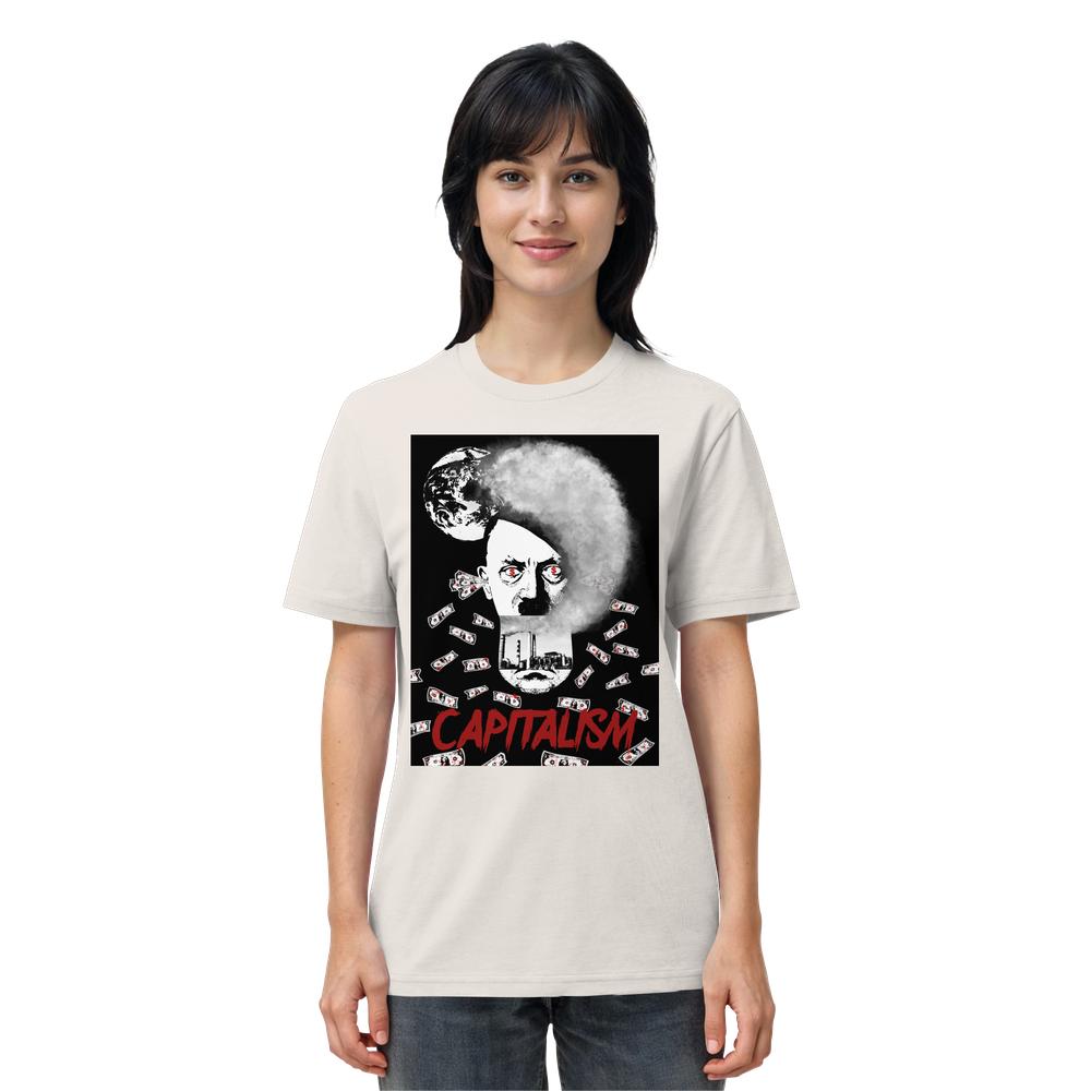 Vegan und Bio Unisex Shirt: Capitalism vs. Earth - The Money Game, mit provokativem Design: bedrohliches Gesicht, rauchiger Globus, Dollar-Scheine und „CAPITALISM“ in Rot.