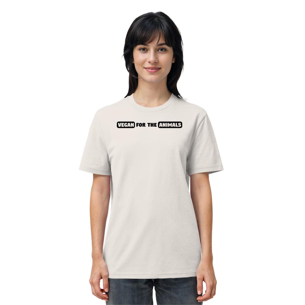 Person trägt ein Vegan und Bio Unisex Shirt: VEGAN FOR THE ANIMALS mit schwarzem Grafikdruck und weißem Text, aus 100% biologischer Baumwolle von RUDE REBEL.