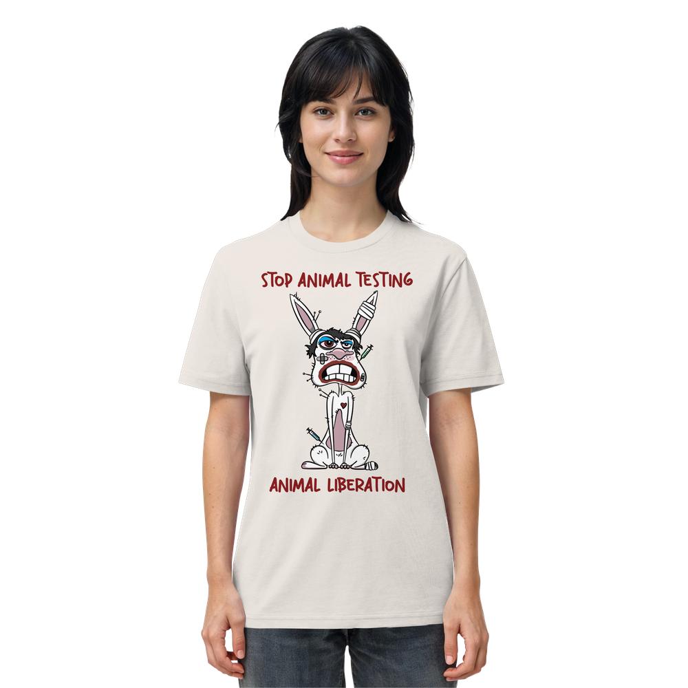 Vegan und Bio Unisex Shirt: White rabbit - STOP ANIMAL TESTING! zeigt wütendes Cartoon-Hasenmotiv mit Spritzen, betont Tierrechte und nachhaltige Botschaft. 100% Bio-Baumwolle.