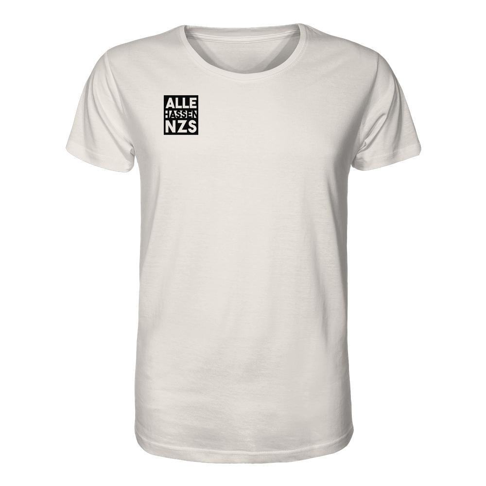 Vegan und Bio Unisex Shirt: ALLE HASSEN NZS! - Weißes T-Shirt, schwarzer Brustaufdruck. Normale Passform, 100% Bio-Baumwolle, umweltfreundlich und rebellisch gestaltet.