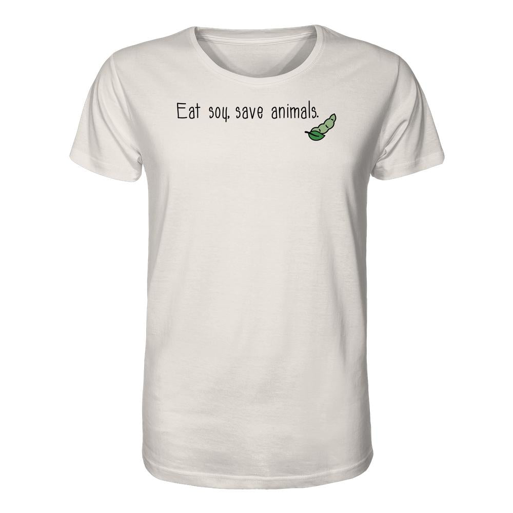Vegan und Bio Unisex Shirt: Eat soy, save animals. mit Cartoon-Sojabohne, aus 100 % Bio-Baumwolle, normaler Schnitt, von RUDE REBEL, für tierfreundliche Mode.