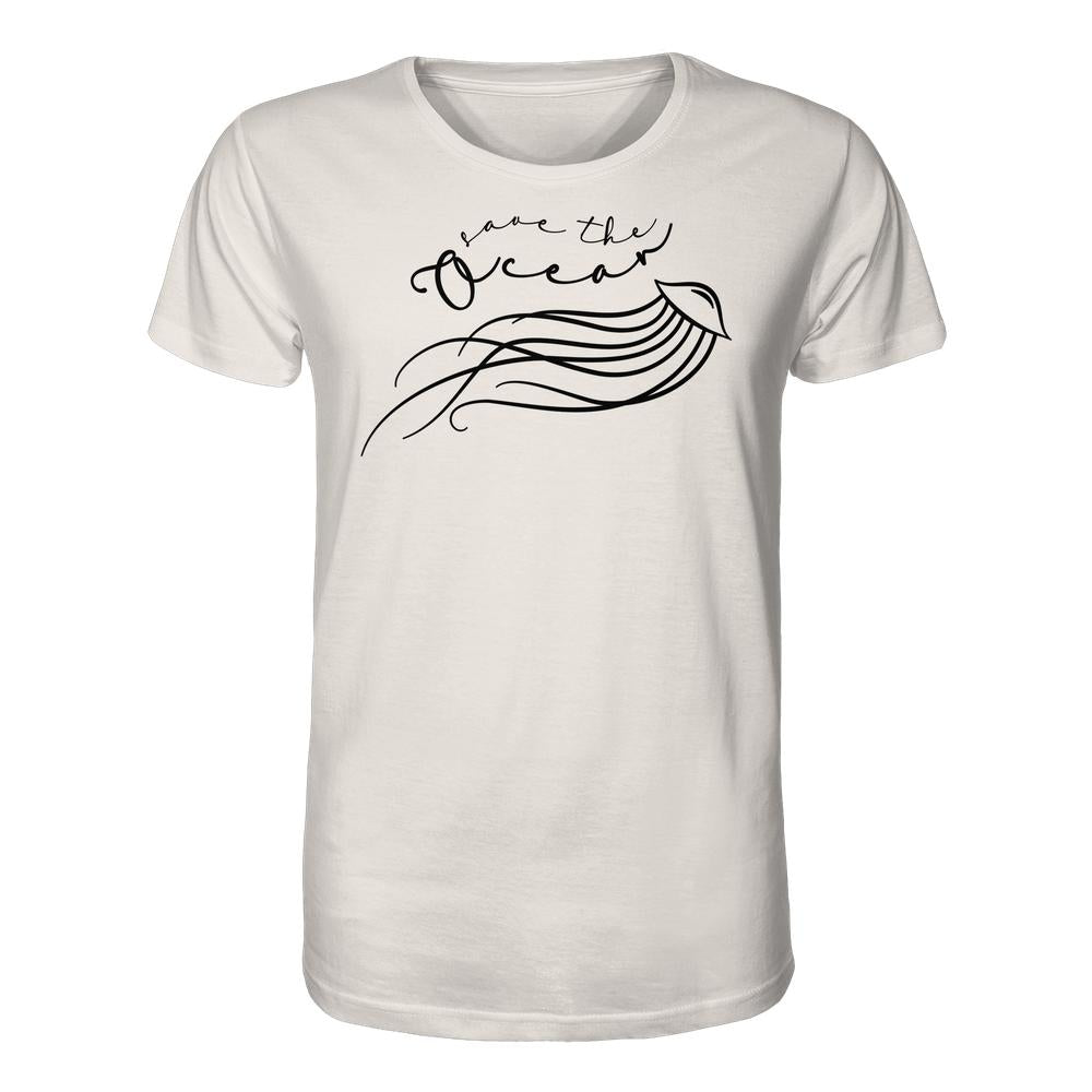 Vegan und Bio Unisex Shirt: Jellyfish - Save the Ocean, zeigt eine schwarze Qualle mit Slogan save the ocean auf einem hellen T-Shirt aus 100% Bio-Baumwolle.