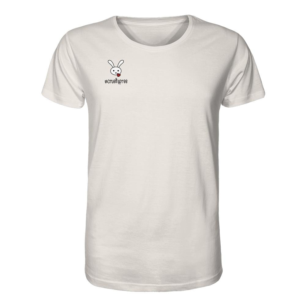 Frauen-T-Shirt aus Bio-Baumwolle mit normaler Passform. Auf der linken Brust ein Cartoon-Hasenmotiv mit Herz und „#crueltyfree“-Hashtag, das vegane Werte betont.