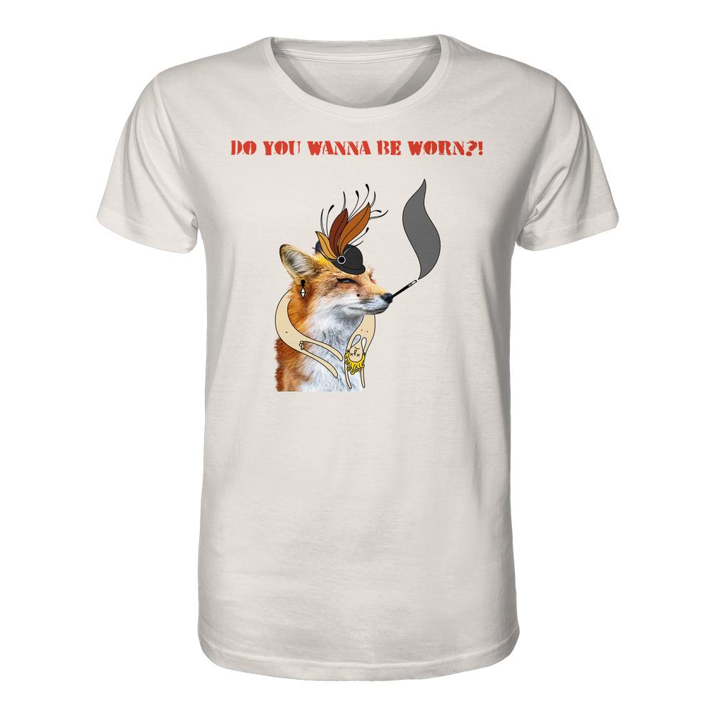 Vegan und Bio Unisex Shirt: Mrs. Fox demonstriert gegen Pelz! Zeigt eine fuchsige, humorvolle Illustration mit Statement gegen Pelz, passend zur rebellischen, tierfreundlichen Marke RUDE REBEL.