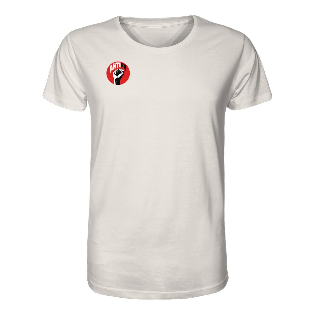 Vegan und Bio Unisex Shirt: Antifa - Gemeinsam gegen Rechts, zeigt roten Kreis mit ANTIFA und Faust. Hergestellt aus Bio-Baumwolle, repräsentiert es Antifaschismus und Nachhaltigkeit.