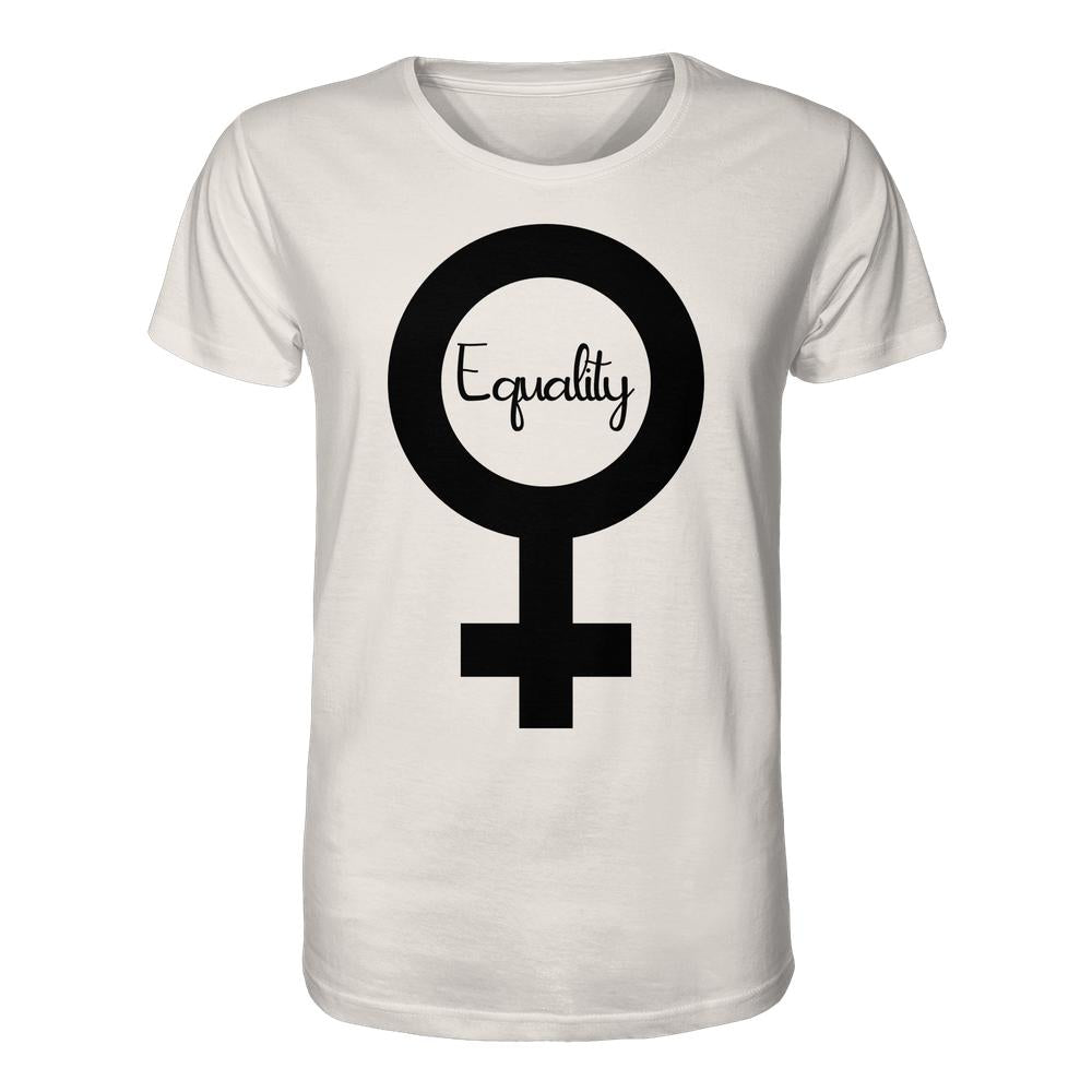Vegan und Bio Unisex Shirt mit großem Venuszeichen und Equality Schriftzug; aus 100% Bio-Baumwolle, normale Passform, betont feministischen Kampf um Gleichberechtigung.