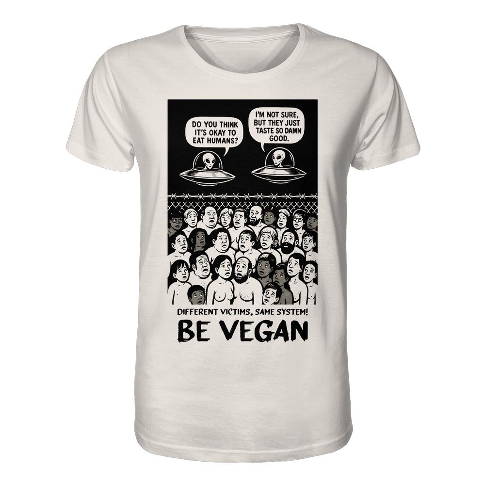 Vegan und Bio Unisex Shirt: Alien Invasion - BE VEGAN! Zeigt Cartoon mit Aliens und Menschen als Nutztiere, fordert Empathie und veganen Lebensstil. 100% Biobaumwolle, normale Passform.