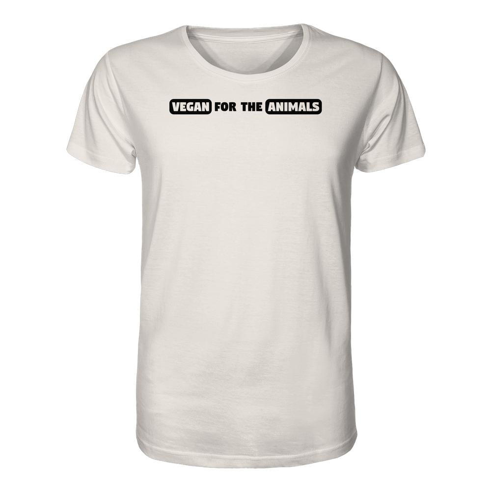 Vegan und Bio Unisex Shirt: VEGAN FOR THE ANIMALS; weißes, kurzärmeliges T-Shirt mit dem Slogan „VEGAN FOR THE ANIMALS“, aus 100 % Bio-Baumwolle, normale Passform.