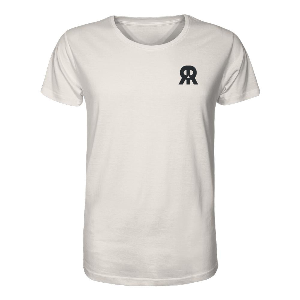 Vegan und Bio Unisex Shirt bestickt: RUDE REBEL Skull, aus 100% Bio-Baumwolle, zeigt dezentes Logo vorne links, ideal für nachhaltige, rebellische Mode.