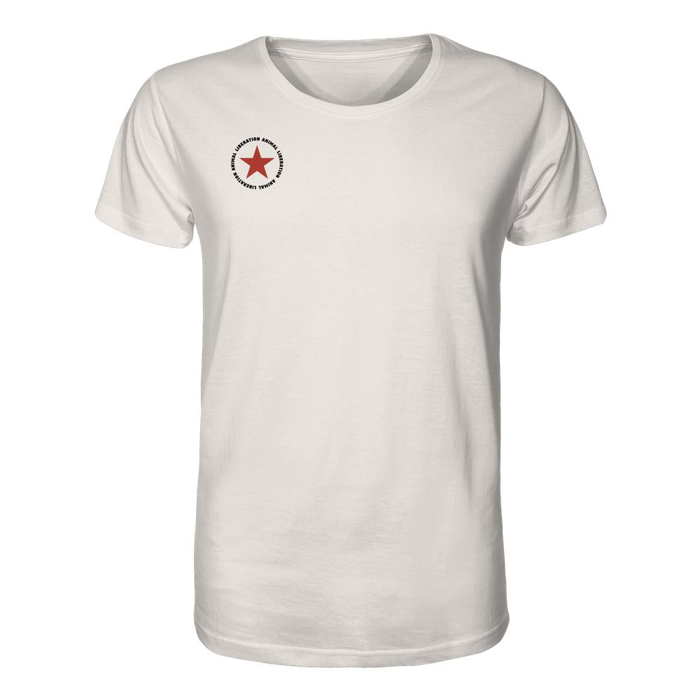 Veganes Bio-Unisex-Shirt Red Star - Animal Liberation mit rotem Stern und Text auf der Brust, aus 100% Bio-Baumwolle, normale Passform, von RUDE REBEL.