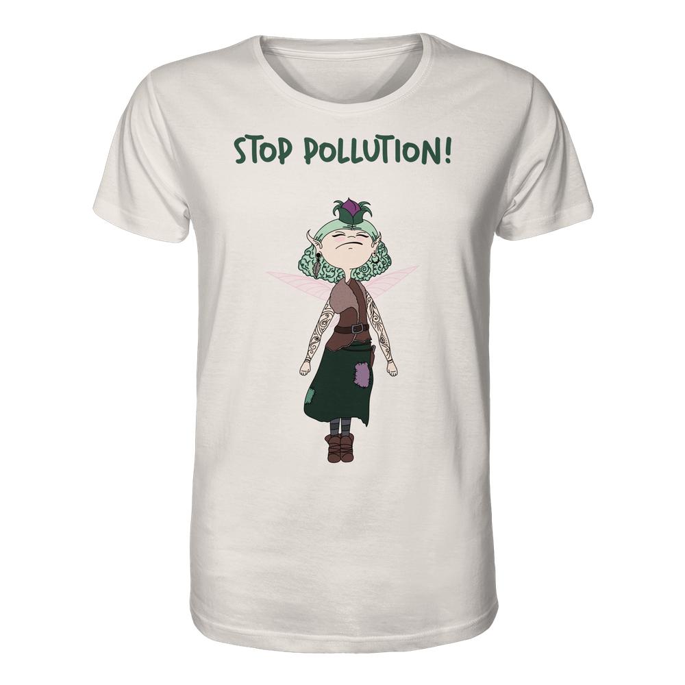 Vegan und Bio Unisex Shirt: STOP POLLUTION! - Krawall Fee mit grünen Haaren und Tattoos, ruft zum Umweltschutz auf. 100% Biobaumwolle, nachhaltiges Design von RUDE REBEL.